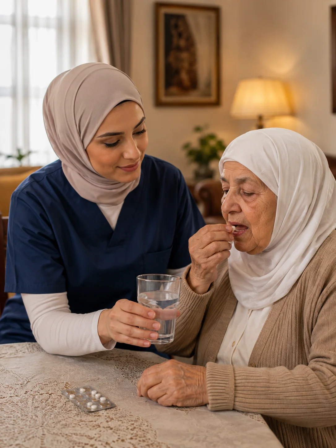 ممرضة تقدم رعاية متكاملة وتساعد سيدة مسنة في المنزل